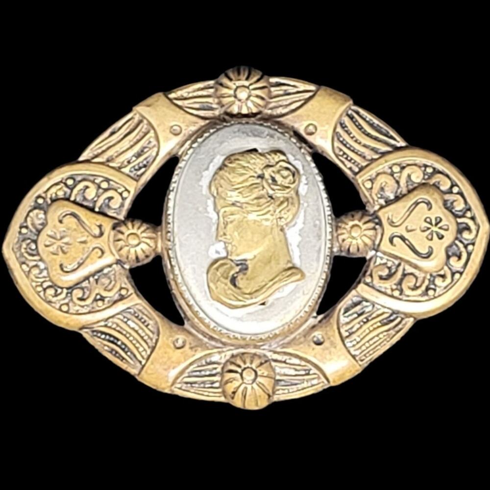 Retro Gold Tone‎ Cameo Filigree Brooch Vintage Art Nouveau Chic Statement